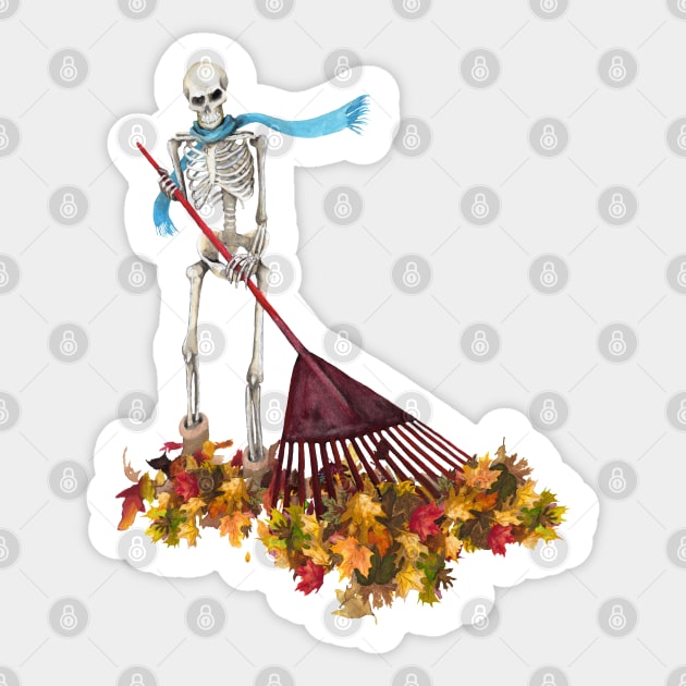 Skeleton Raking Leaves Sticker by Heather Dorsch Creations